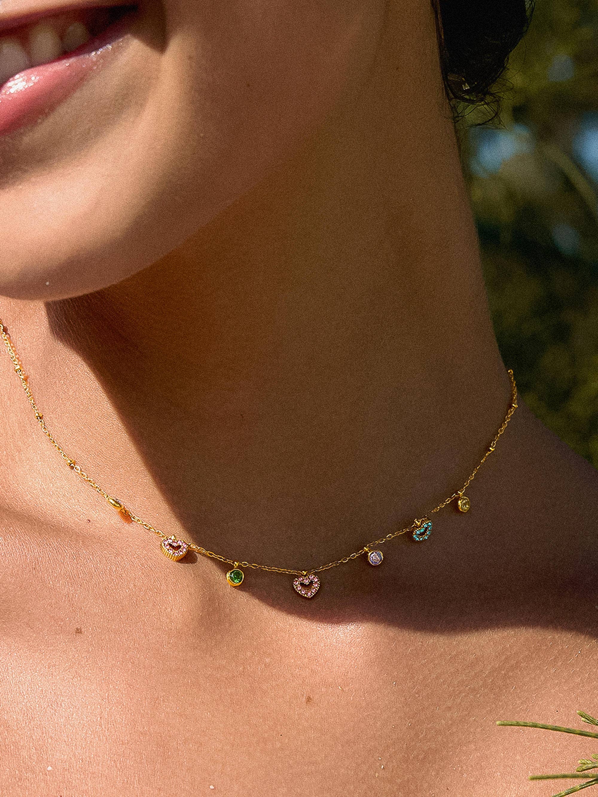 Flânerie by MAIQ - Genoa 18K Gold Non-Tarnish CZ Heart Charm Necklace: Multi-Colored