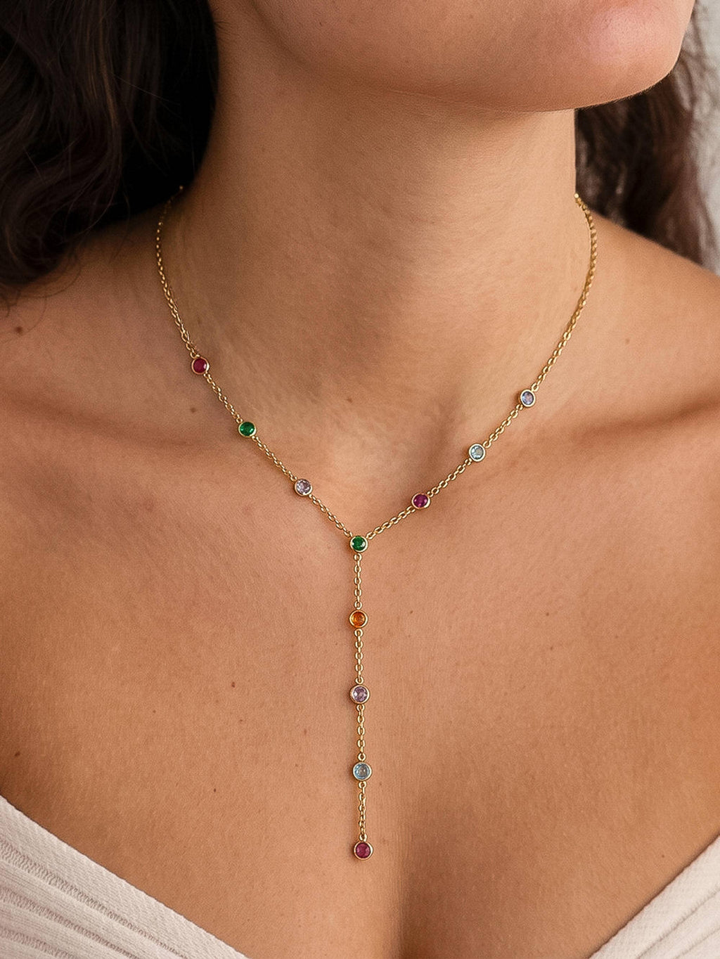 Flânerie by MAIQ - Chenôve 18K Gold Non-Tarnish Round Beaded Y Necklace: Multi-Colored
