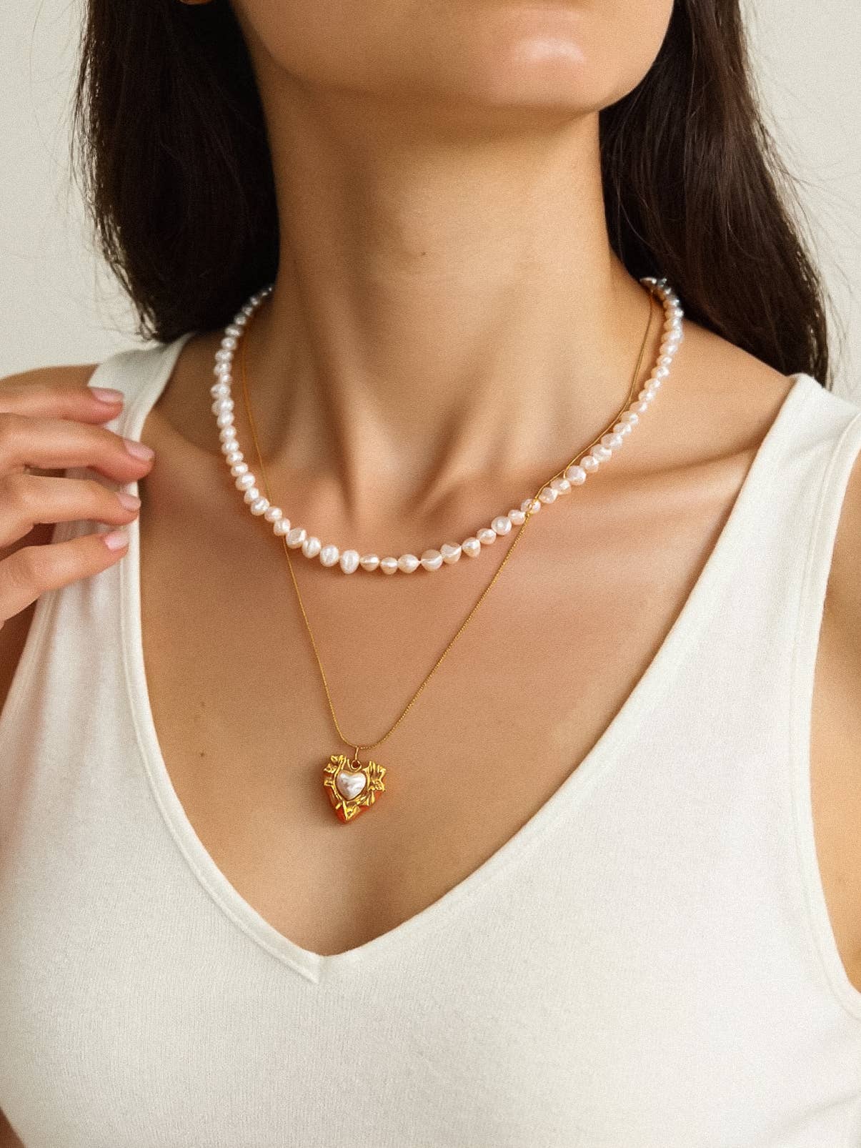 Taliana 18K Gold Non-Tarnish Layered Pearl Heart Necklace