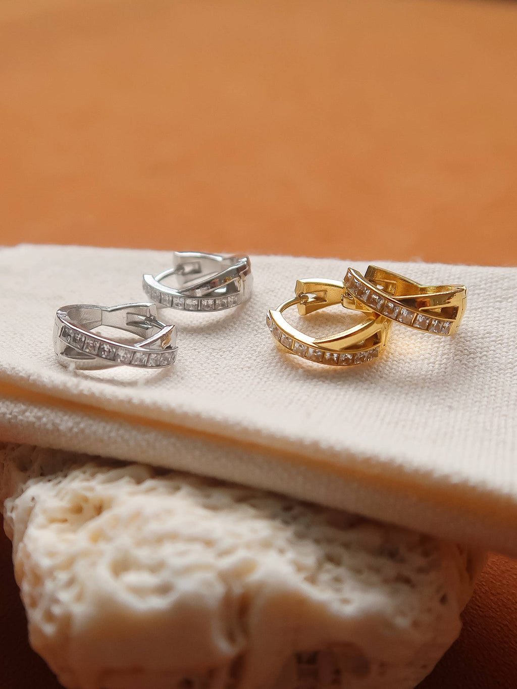Flânerie by MAIQ - Maissac 18K Gold Non-Tarnish CZ Crossover Huggie Earrings: Silver