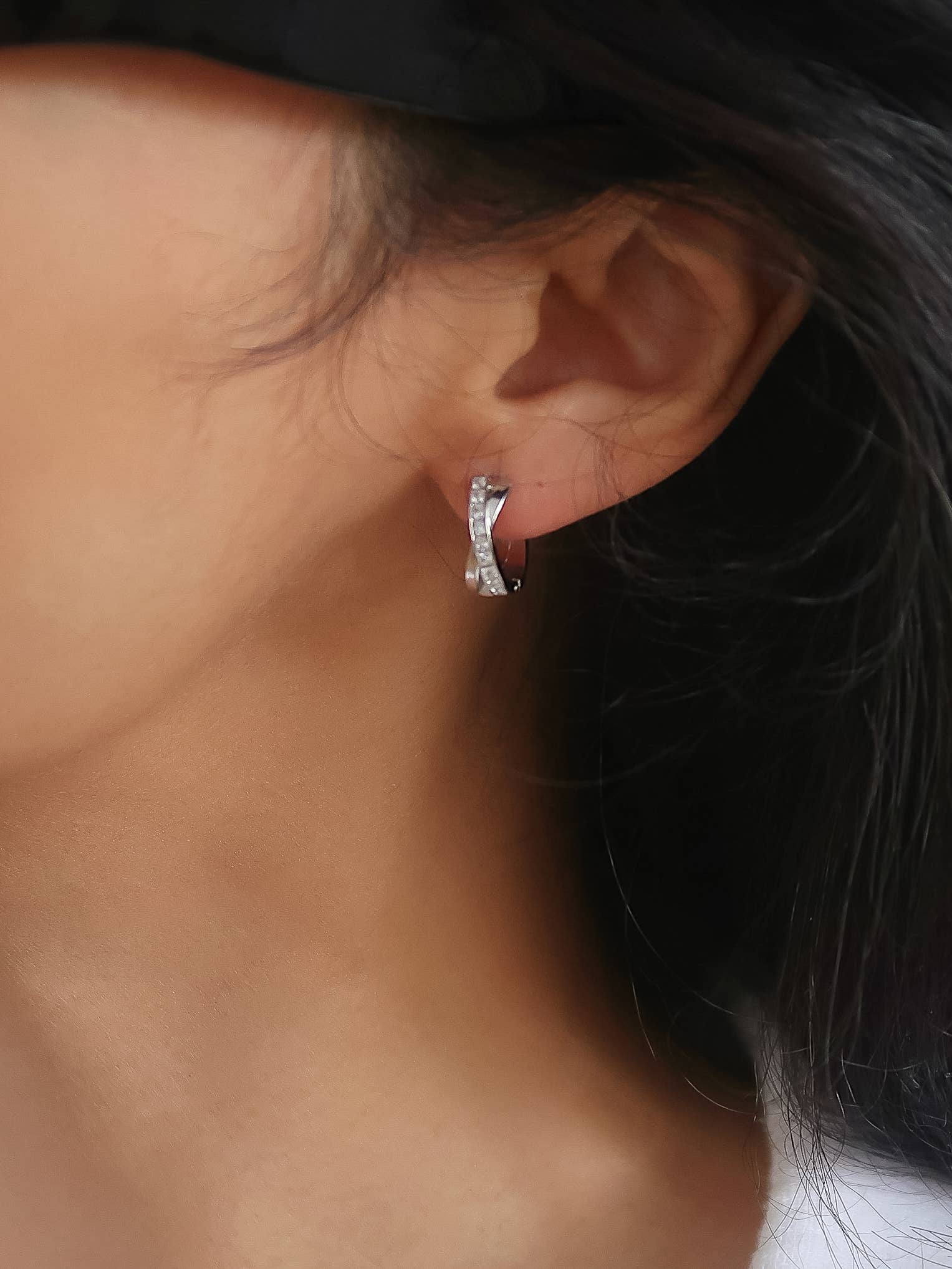 Flânerie by MAIQ - Maissac 18K Gold Non-Tarnish CZ Crossover Huggie Earrings: Silver